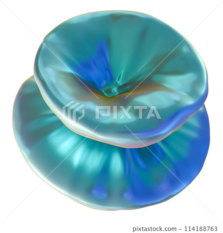 Abstract, holographic 3D shape isolated on white background. Metallic, iridescent surface. Color gradient, y2k style. Cut out trendy and futuristic design element. 3D rendering. 114188763
