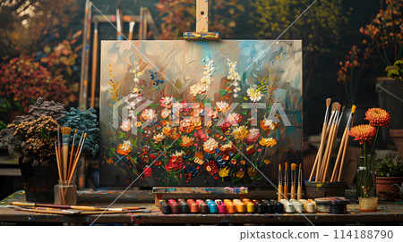 An art exhibit showcasing a stunning painting of flowers on an easel, surrounded by brushes and paints, set against the backdrop of a city facade 114188790