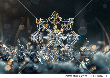 a close up of a snowflake sitting on top of a pile of snow . High quality 114188791