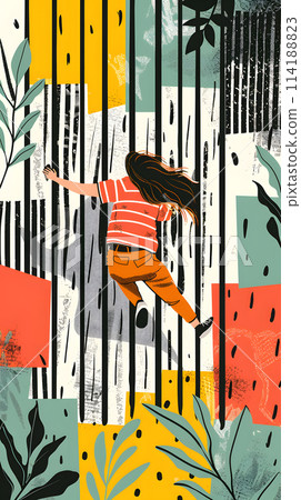 A woman is leaping across a vibrant fence in a colorful painting, showcasing a blend of tints and shades on a rectangular canvas 114188823