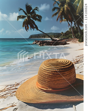A straw hat rests on the sandy beach, surrounded by palm trees under a clear blue sky with fluffy white clouds. The tranquil natural landscape is a peaceful retreat 114188824