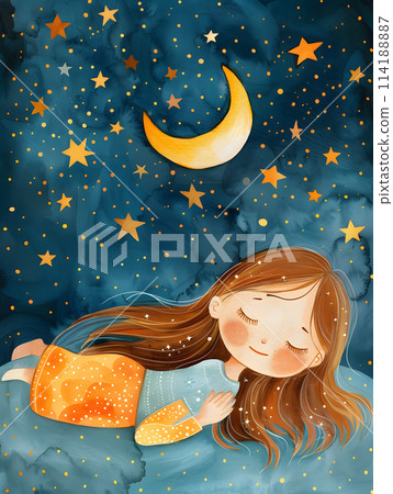 A little girl peacefully sleeps under a crescent moon and twinkling stars in a beautiful painting. This illustration captures a happy dreamy space scene 114188887