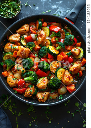 A karahi filled with a delicious mix of chicken, vegetables, and leafy greens sits on the table, ready to be enjoyed as a traditional cuisine recipe 114188933