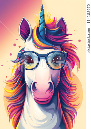 A vibrant unicorn with a rainbow mane is sporting stylish glasses and a purple costume hat. Its eyewear game is on point, adding to its fabulous look 114188970