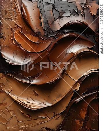 A detailed closeup of an art piece featuring various shades of brown paint, creating a beautiful pattern resembling wood grain with hints of peach undertones A detailed closeup of an art piece featuring various shades of brown paint, creating a beautiful pattern resembling wood grain with hints of peach undertones 114189008