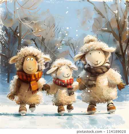Three happy sheep, clad in scarves and hats, are joyfully walking through the white, snowy landscape. Their fluffy fur keeps them warm during this fun winter event 114189028