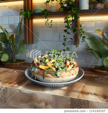A pizza loaded with toppings sits on a plate atop a table, surrounded by plant decor. The delicious recipe includes fine herbs and baked goods as ingredients 114189107