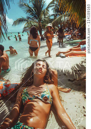 A woman in a swimsuit top and bikini bottom is relaxing on the beach, surrounded by palm trees and the beautiful blue water and sky 114189163