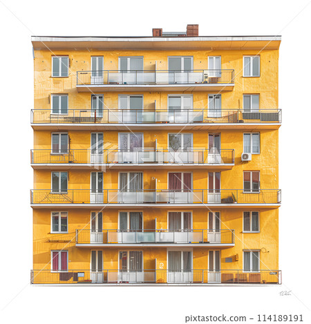 A modern urban design building, constructed with yellow facade featuring numerous rectangular windows and balconies made of wood. It serves as a condominium with a tower block design 114189191