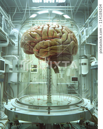 A human brain is preserved in a glass jar filled with water, in a room designed for scientific research. This innovative machine is used to study brain functions and gas exchange processes A human brain is preserved in a glass jar filled with water, in a room designed for scientific research. This innovative machine is used to study brain functions and gas exchange processes 114189204