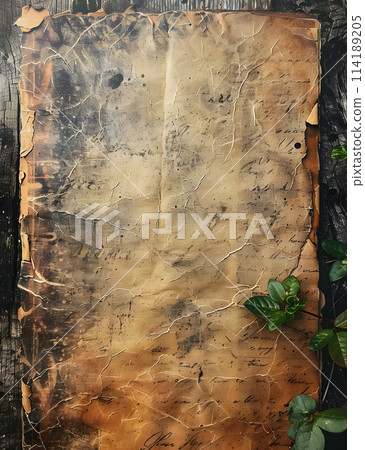 An ancient piece of paper rests on a rectangular wooden wall, showcasing intricate patterns and art. The wood comes from a tree trunk in a forest, adding a natural touch to the artifact 114189205