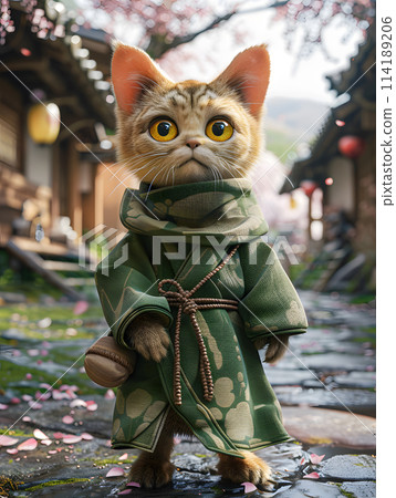 A Felidae wearing a green robe, with whiskers and a fawncolored snout, is carrying a bag. This small to mediumsized carnivorous terrestrial animal is walking on the grass under the sky A Felidae wearing a green robe, with whiskers and a fawncolored snout, is carrying a bag. This small to mediumsized carnivorous terrestrial animal is walking on the grass under the sky 114189206