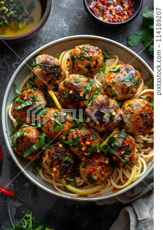 A delicious Italian dish of spaghetti and meatballs served on a table. The ingredients include meat, pasta, and sauce, making it a classic cuisine choice 114189207