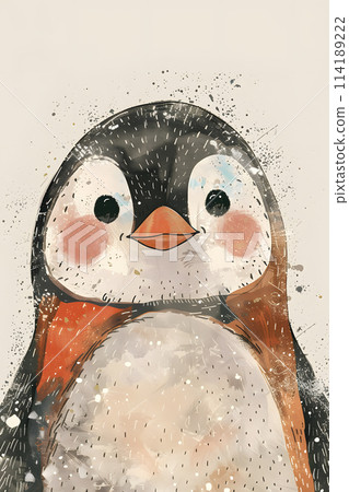 An Atlantic puffin, a flightless seabird, with a colorful scarf around its neck, stands gracefully in the snow. The illustration captures the beauty of this terrestrial animal 114189222
