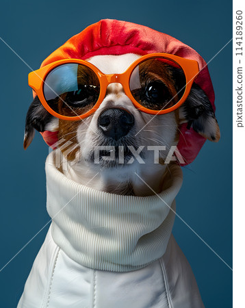 A carnivorous dog of a specific breed wearing a hat and sunglasses is gazing into the camera with its head held high, showcasing stylish outerwear and vision care accessories 114189260
