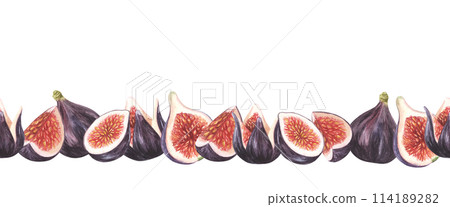 Fig seamless border. Halves, wholes, pieces of purple figs. Horizontal banner fruit clipart, frame for farmers market design, food packaging. Hand drawn markers and watercolors. For cafe, menu 114189282