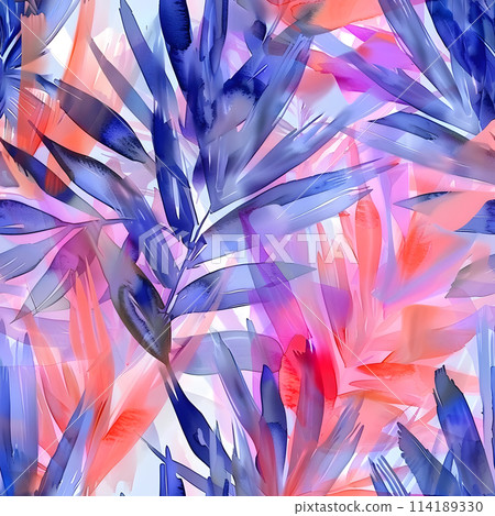 A vibrant painting of colorful leaves in a seamless pattern on a white background. The art features tints and shades of electric blue, petallike shapes, and creative use of feather textures 114189330