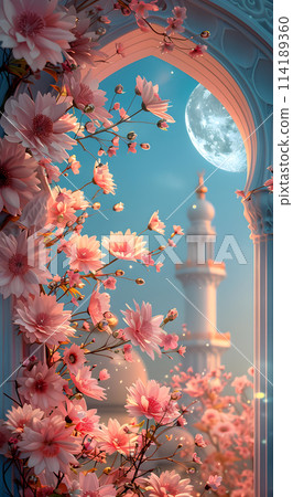 A mosque depicted in a painting, surrounded by pink flowers, under a full moon. The sky is dark blue, and the flowers add a touch of orange to the scene 114189360
