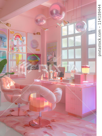 A pink room with furniture including a desk and chairs, with balloons decorating the ceiling. The interior design is filled with pink accents 114189444