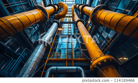 Steel casing pipes interconnected in factory for mass production, creating symmetry. Used for gas, recreation, metal engineering with machine precision 114189466
