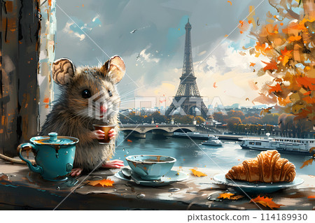A mouse enjoys a cup of coffee and a croissant on a window sill overlooking a cloudy sky, with a painting of a serene landscape in the background 114189930