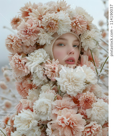 A woman is creatively wearing a flower hat with white and pink petals, showcasing the beauty of a flowering plant from the rose family on her head 114190037