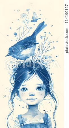 A cartoon painting of a happy girl with a bird perched on her headgear. Her eye and nose are carefully designed in electric blue and azure shades, showcasing a beautiful piece of art 114190127