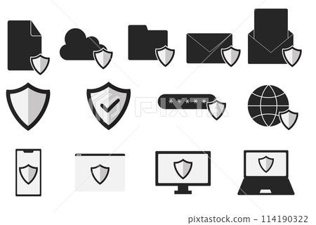 A monochrome icon set of a smartphone, computer, browser, cloud, and email protected by a shield A monochrome icon set of a smartphone, computer, browser, cloud, and email protected by a shield 114190322