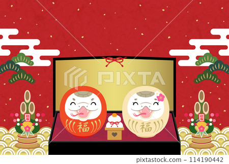 2025 Year of the Snake New Year's card Smiling red and white snake daruma and gold screen [red] No text 114190442