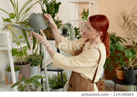 Side view portrait of young red haired woman watering green plants while working in flower shop copy space Side view portrait of young red haired woman watering green plants while working in flower shop copy space 114190864