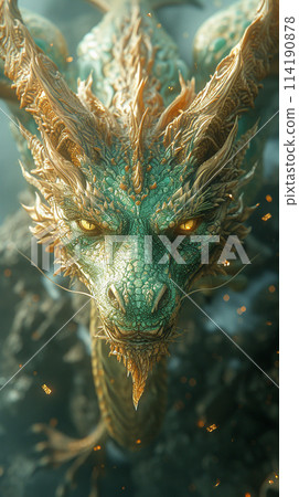 Fantasy female queen hugs and touches pet dragon with love like mother. Magic divine sun light summer nature flowering trees green leaves. Elven dress, crown. Princess goddess sexy girl. myth animal 114190878