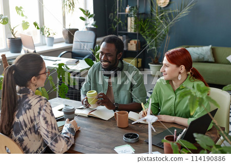 Diverse creative business team enjoying work at meeting table in green eco friendly office with plants 114190886