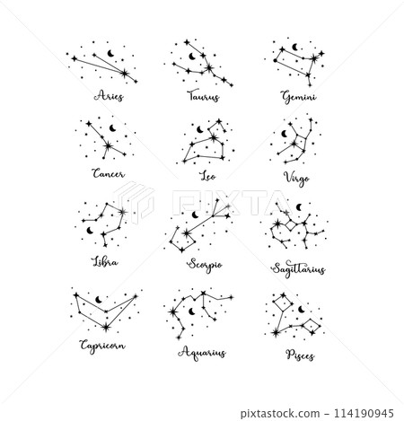 12 zodiac constellations set with moon and stars on white background 114190945