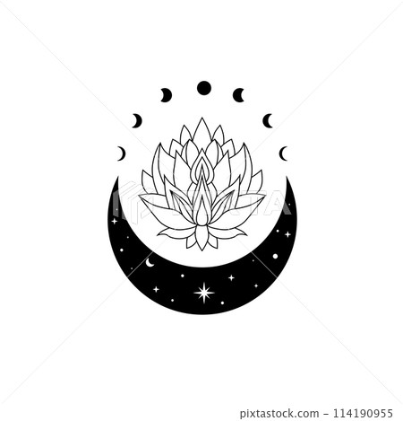 Lotus flower with crescent moon and stars, vector blooming lotus, floral magic moon. Lotus logo Lotus flower with crescent moon and stars, vector blooming lotus, floral magic moon. Lotus logo 114190955