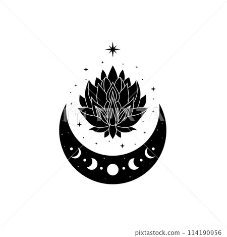 Lotus flower with crescent moon and stars, vector blooming lotus, floral magic moon. Lotus logo Lotus flower with crescent moon and stars, vector blooming lotus, floral magic moon. Lotus logo 114190956