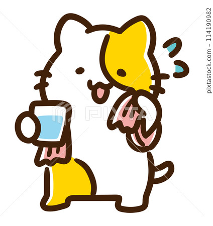 一個可愛的貓角色出汗和補水的變形插圖 114190982