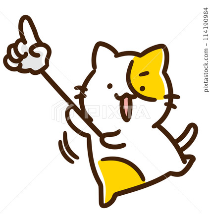 A deformed illustration of a cute cat character holding a pointing stick 114190984