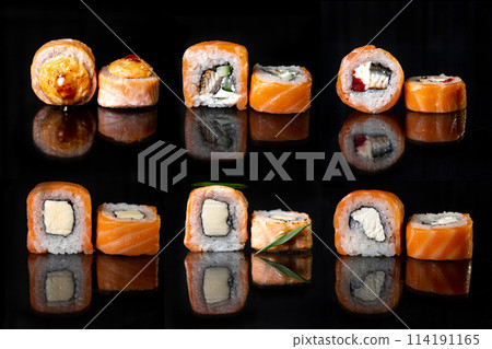 japanese roll set. a set of rolls and sushi on a black background japanese roll set. a set of rolls and sushi on a black background 114191165