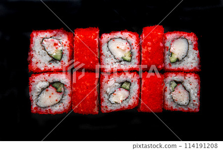 Photo for the menu. japanese rolls with red caviar top view 114191208