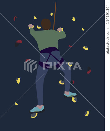 Vector isolated illustration of a man on a climbing wall. A man climbs a climbing wall. 114191364