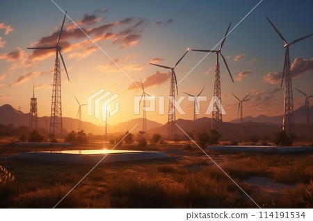 wind turbines at sunset. Generative AI. 114191534