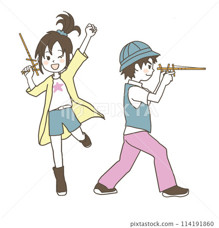 A girl is happy to hit something with a handmade toy chopstick gun and a boy is aiming. Smoky color illustration 114191860