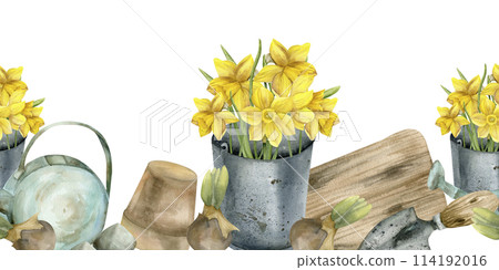 Yellow daffodils in metal garden bucket, vintage watering can, flower pot and bulbs seamless border. Watercolor banner with flowers and garden tools for magazine, product packing, stationery design 114192016