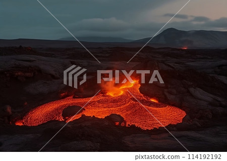 Lava flowing in the valley. Generative AI. 114192192