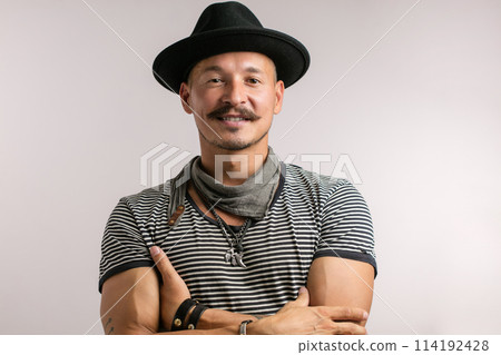 Closeup of confident happy man over studio white background 114192428