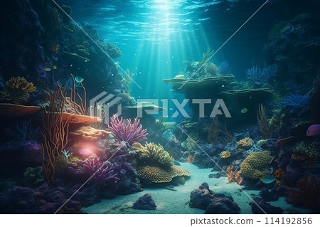 coral reef and diver. Generative AI. coral reef and diver. Generative AI. 114192856