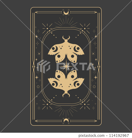 Tarot reverce border magic sacred cover card frame gold line border celelstial mystery esoteric decoration with moth stars and moon on dark background. Tarot reverce border magic sacred cover card frame gold line border celelstial mystery esoteric decoration with moth stars and moon on dark background. 114192967