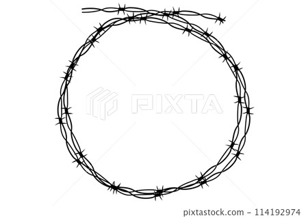 Barbed wire twisted ring y2k, round border tattoo, gothic textured steel frame, spiky oval barrier, silhouette isolated on white background. 114192974