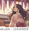 A woman looking up at wisteria flowers 114193059