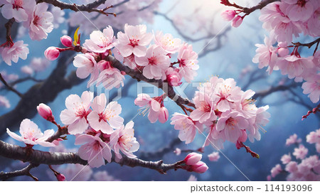 Sakura cherry tree blossoms in full bloom close up. Spring macro natural background. Sakura cherry tree blossoms in full bloom close up. Spring macro natural background. 114193096